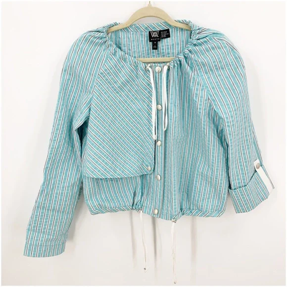 Worth Aqua Striped Seersucker Snap Front Short Jacket Sz M - Picture 5 of 13